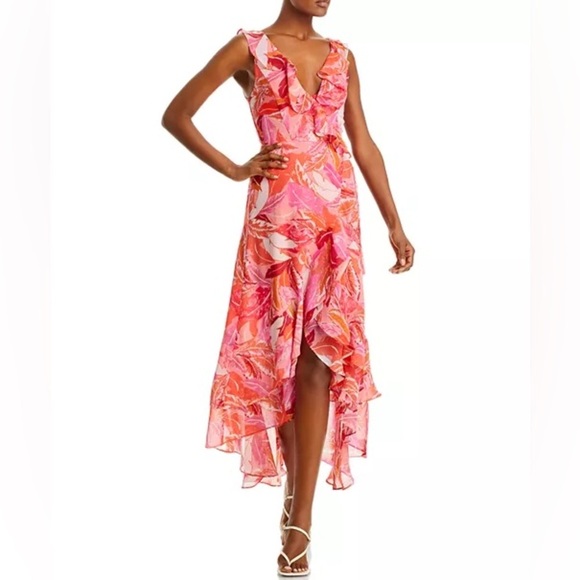 NWT AQUA Pink Botanical Wrap Dress Bloomingdale’s exclusive midi high low - Picture 1 of 11